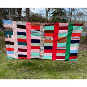Vintage 70s Polyester Knit Patchwork Quilt Blanket Skiers Skiing Retro Decor